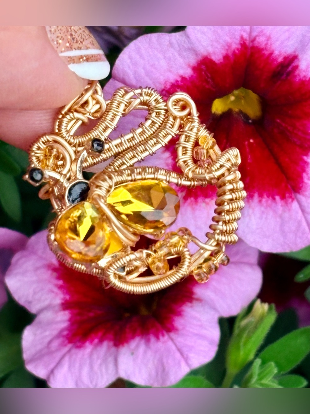 Artisan Gold-Tone Citrine Wire-Wrapped Bumblebee Pendant Necklace